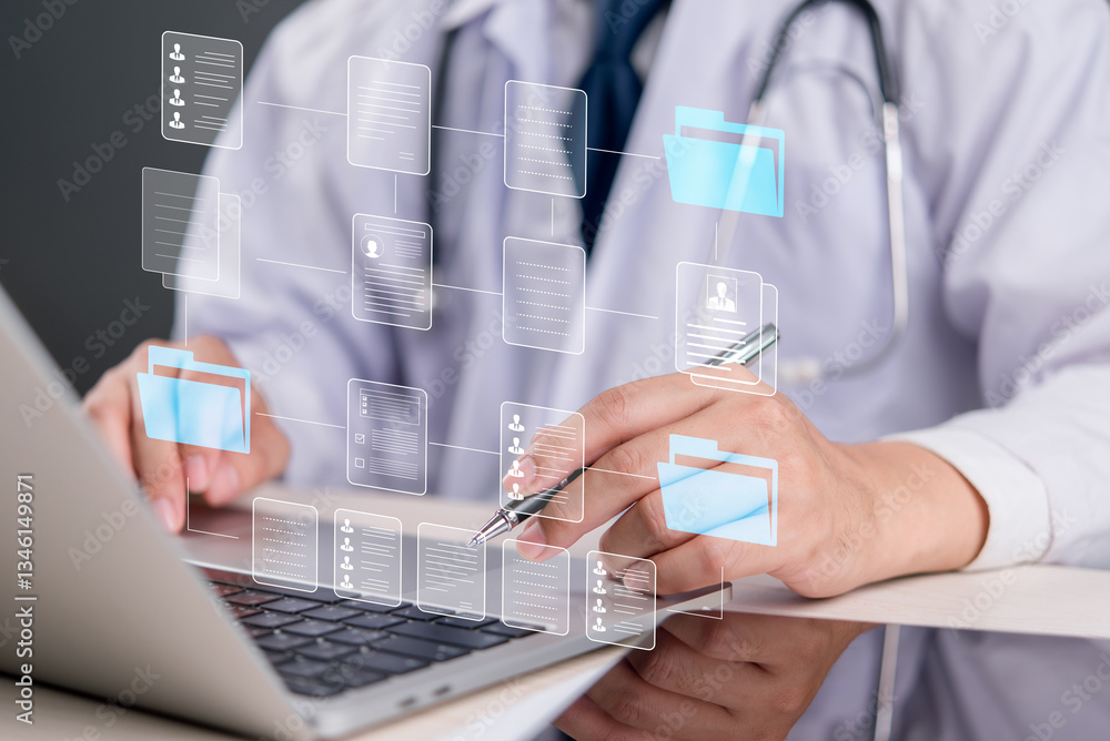 Patient Data Record A medical professional analyzing patient data and medical documents ...