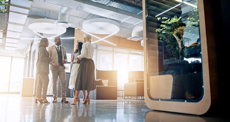 Poster - Lobby, pod and business people in office talking for collaboration, teamwork or discussion. Professional, corporate and men meeting women with cubicle for private workspace for project or proposal