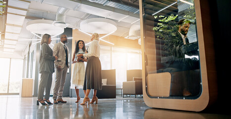 Poster - Lobby, talking and business people in office for coworking space for collaboration, teamwork and discussion. Professional, corporate and men and women in meeting with cubicle for private workspace