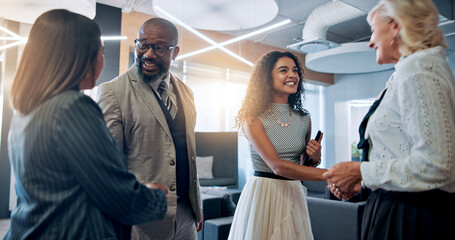Leinwandbilder - Meeting, handshake and happy business people in office for partnership, agreement and thank you. Corporate, teamwork and men and women shaking hands for collaboration, success and b2b networking