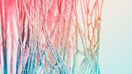 Abstract textured background featu a close-up of a grainy, woven net with a vibrant gradient of pink, red, teal, and white hues creating a high-fidelity, artistic visual.