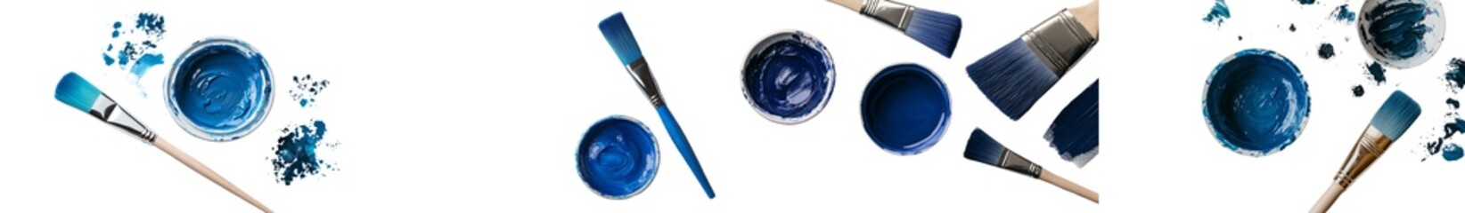 Aufkleber - Isolated on a white background, a paintbrush and bottle are depicted from the top, surrounded by blue watercolor that has been spilled