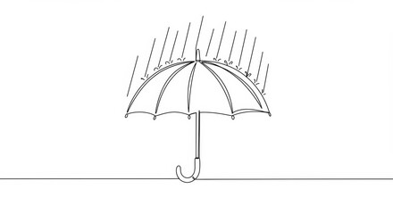 Minimalist one line drawing of an open umbrella in rainfall on white background