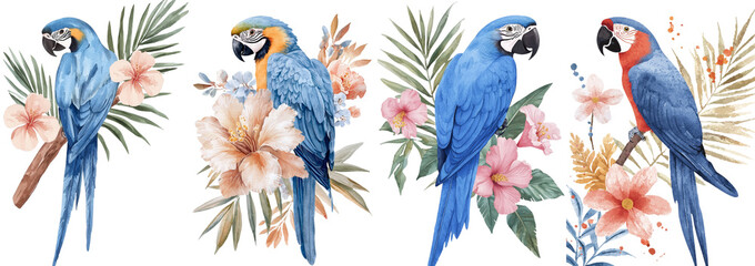 Fototapete - The watercolor illustration showcases a stunning array of jungle plants and a parrot macaw bird
