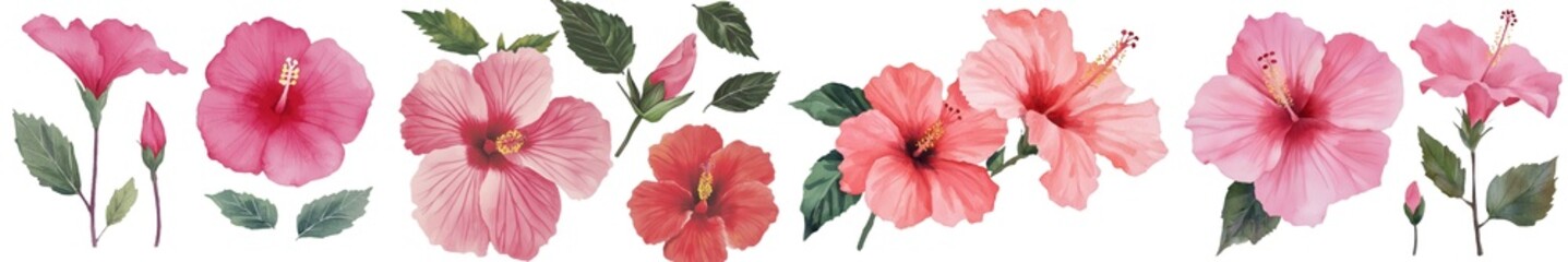 Poster - A tropical flower, specifically a hibiscus, is depicted in a hand-drawn, watercolor botanical illustration, set against a simple and isolated background