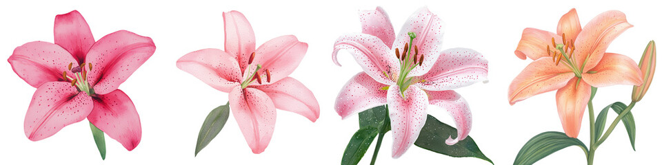 Aufkleber - The watercolor illustration showcases a beautiful, large bouquet of lilies in red and pink hues, isolated on a white background