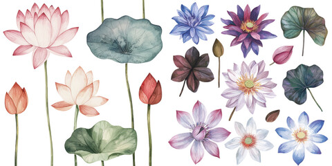 Poster - Isolated on a white background, this watercolor clipart presents a beautiful arrangement of leaves and lotus flowers