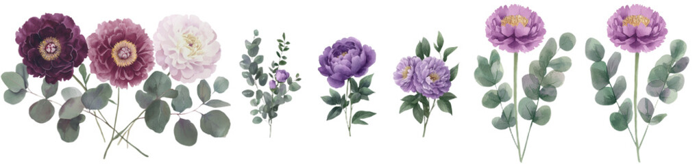 Aufkleber - An isolated white background serves as the backdrop for a watercolor illustration of a stunning floral arrangement consisting of beautiful carnations, eucalyptus, and vibrant purple dahlias, a true