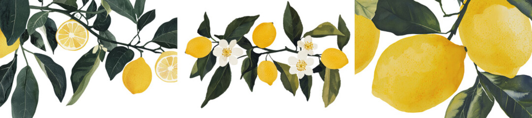 Aufkleber - Lemon branches adorned with yellow lemons and green leaves, as well as delicate flowers, are beautifully captured in a watercolor illustration on a pristine white background, designed to be used on a