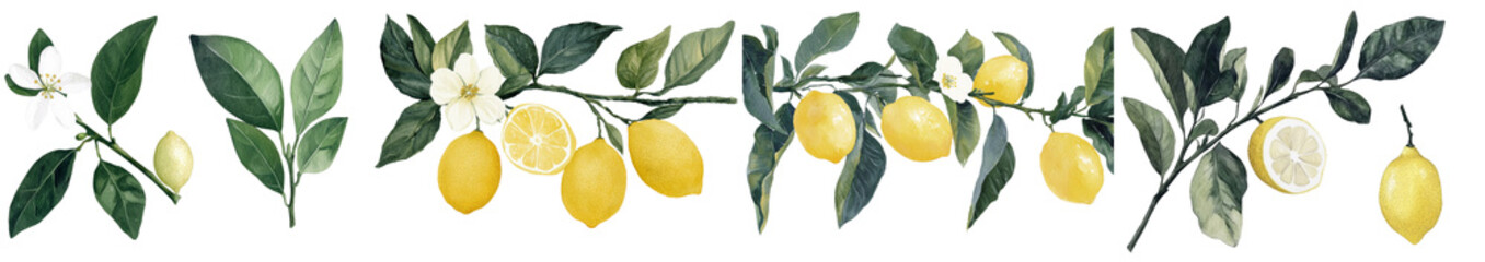 Aufkleber - An isolated white background serves as the setting for a watercolor botanical painting of branches with yellow lemons, green leaves, and flowers