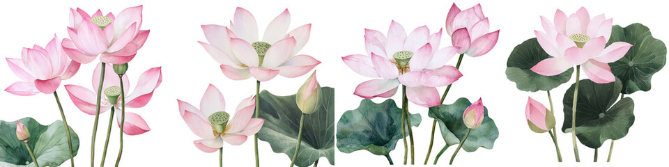 Aufkleber - Pink lotus flowers, leaves, and buds are illustrated in a watercolor botanical painting on a white background, ideal for creating postcards