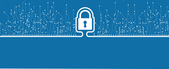 Cyber security lock on circuit board abstract concept