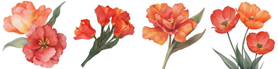 Poster - This exquisite watercolor painting boasts a gorgeous arrangement of colorful tulips, carefully hand drawn and set against a spotless white background to resemble a classic botanical illustration