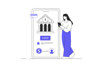 Wall Mural - mobile banking concept. woman makes online payment and doing transaction in phone bank application. 