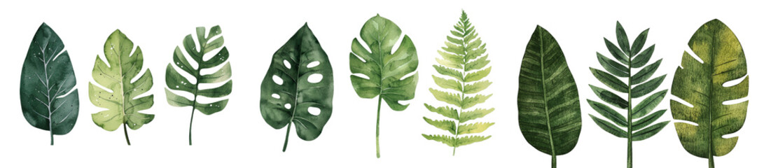 Fototapete - An isolated transparent background provides the setting for a watercolor illustration of hand-painted tropical plants, including palm leaves and expressive paint splashes