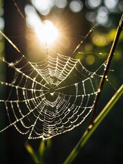 Wall Mural - Close-up of a spider web with sunlight streaming through