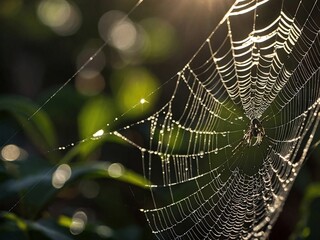 Wall Mural - Close-up of a spider web with sunlight streaming through