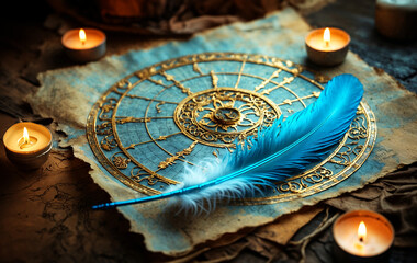Wall Mural - ancient mystical parchment with gold ornaments, candles and blue feather, astrology, religious, spir