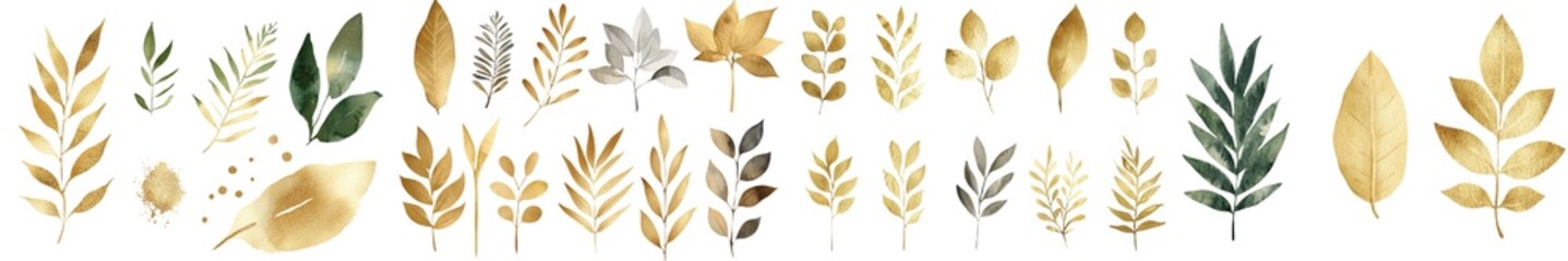 Poster - An abstract representation of autumn leaves is captured in a watercolor painting, where a set of yellow leaves is isolated on a white background