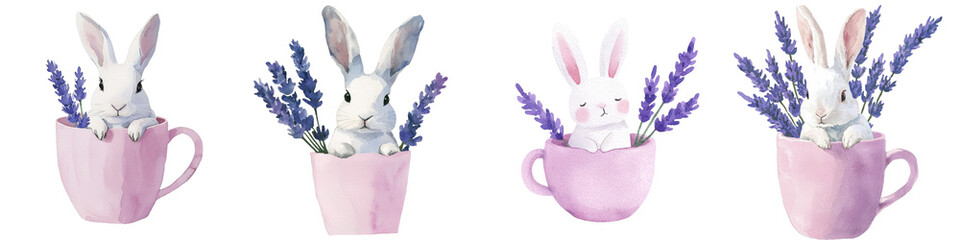 Poster - A funny poster for children, illustrated in watercolor style, showing a bunny in a pink cup with lavender flowers on a white background with no other elements