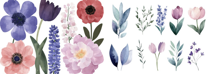 Aufkleber - Tulips, hyacinths, and eucalyptus are shown in a watercolor style against a plain white background