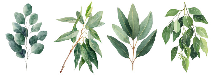 Wall Mural - green leaves on eucalyptus branches are illustrated in watercolor on an isolated white background