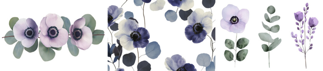 Poster - Anemones, eucalyptus branches, and leaves are depicted in a watercolor botanical illustration set against a white background