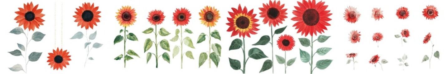 Fototapete - Design elements featuring a set of red sunflowers, watercolor illustrated and set against an isolated white background