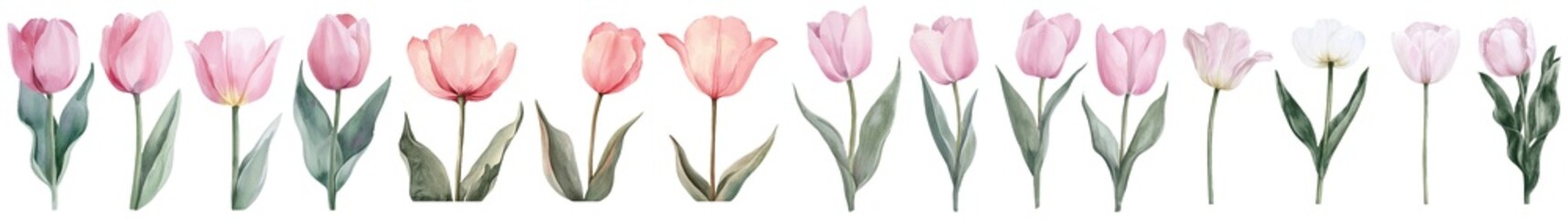Poster - A botanical painting of pink tulips as a spring flower is illustrated in a watercolor drawing style, with the flowers standing out against a plain white isolated background