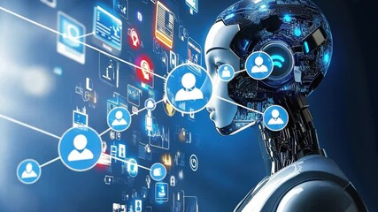 Wall Mural - futuristic humanoid robot profile adorned with digital elements and icons representing communication