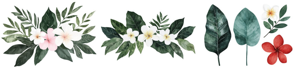 Fototapete - A watercolor illustration on a white background showcases a vibrant bouquet of tropical flowers and palm leaves, perfect for a jungle design