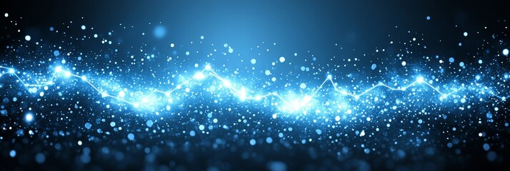 Wall Mural - blue glowing wavy line with particles and bokeh effect stretching across a dark abstract background