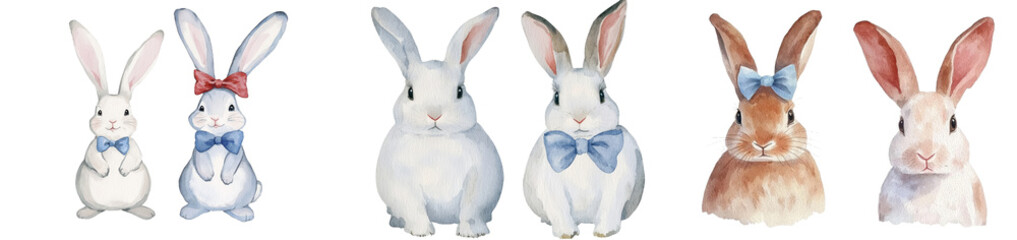 Poster - On a simple white background, a watercolor illustration pictures two bunnies wearing bows, exemplifying small Easter rabbits or bunnies