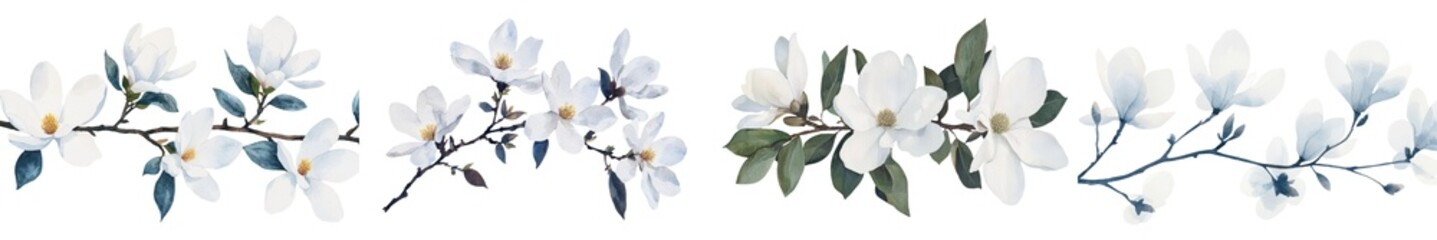 Fototapete - Isolated on a white background, watercolor magnolia flowers are illustrated in bloom, suitable for spring design projects