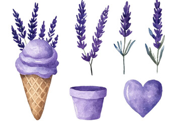 Fototapete - Lavender elements are set in place, including a flower, candle, bag, bow, and heart, all on a white background with a watercolor hand-drawn design