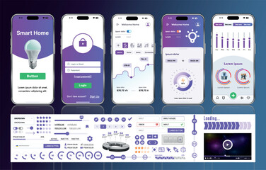Wall Mural - a set of ui ux elements for smart home management mobile apps: an interface with buttons, panels, gr