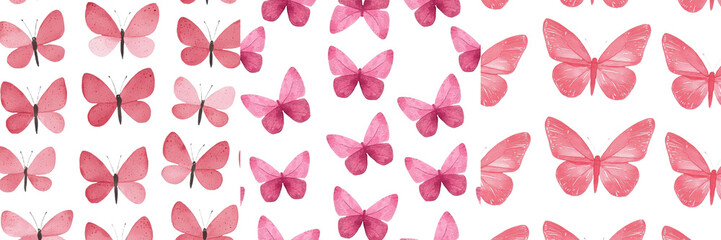Poster - A seamless pattern featuring a watercolor painting of a pink butterfly, this design can be used as a template for creating unique textiles, wallpapers, and papers