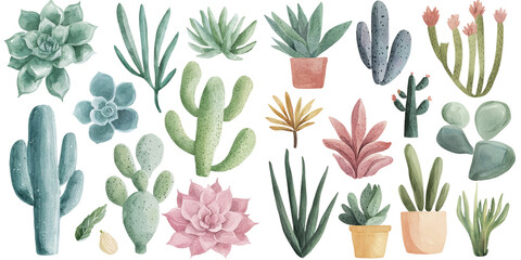 Fototapete - Floral design is highlighted through a succulent flower bouquet and tropical plant watercolor botanical painting set against an isolated background with illustrations