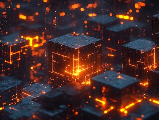 Wall Mural - glowing cubes: fiery network of illuminated blocks