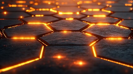 Wall Mural - hexagonal dark stone surface with glowing orange lines: abstract industrial design
