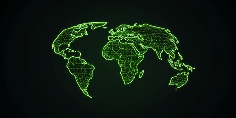 green digital world map network global technology web grid data mesh glow neon dark earth