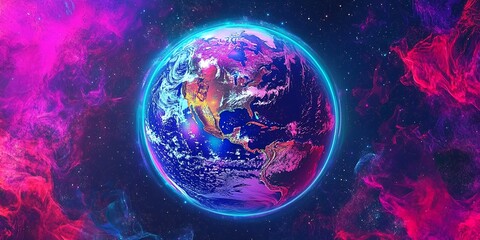 Wall Mural - Vibrant Earth in Neon Space Cosmic Background Digital Art Sky Red Pink Blue Glow Stars