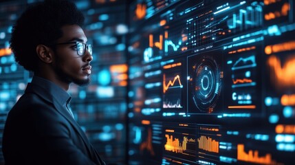 Man Analyzing Data on Futuristic Interface