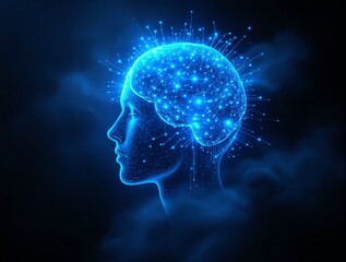 glowing human head with neural connections forming a digital brain, surrounded by abstract particles