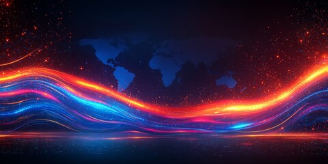 Wall Mural - abstract world map with flowing light trails, digital vector art, blue and orange color scheme