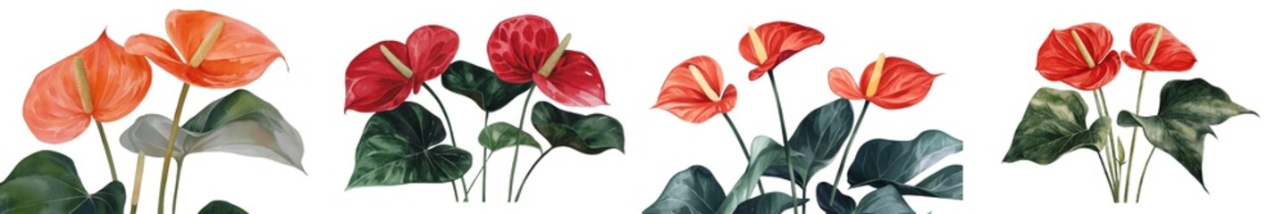 Fototapete - The watercolor botanical illustration is a hand-drawn representation of exotic flowers, focusing on the red Anthurium tropical flower