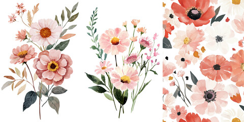 Fototapete - Watercolor illustrations of flowers, branch leaves, and buds set against a white background, perfect for creating floral clipart arrangements and wedding designs