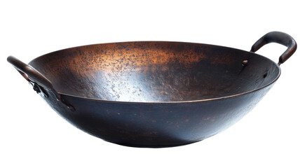 empty used steel wok pan with handles isolated on transparent background