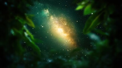 this image presents a breathtaking view of a galaxy illuminated in vibrant colors, framed by lush gr