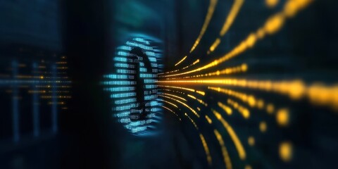 Futuristic glowing digital lock with flowing binary code, symbolizing cybersecurity and data protection.